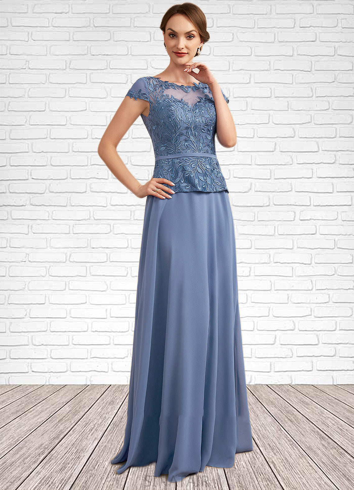 Destiney A-Line Scoop Neck Floor-Length Chiffon Lace Mother of the Bride Dress DH126P0014989