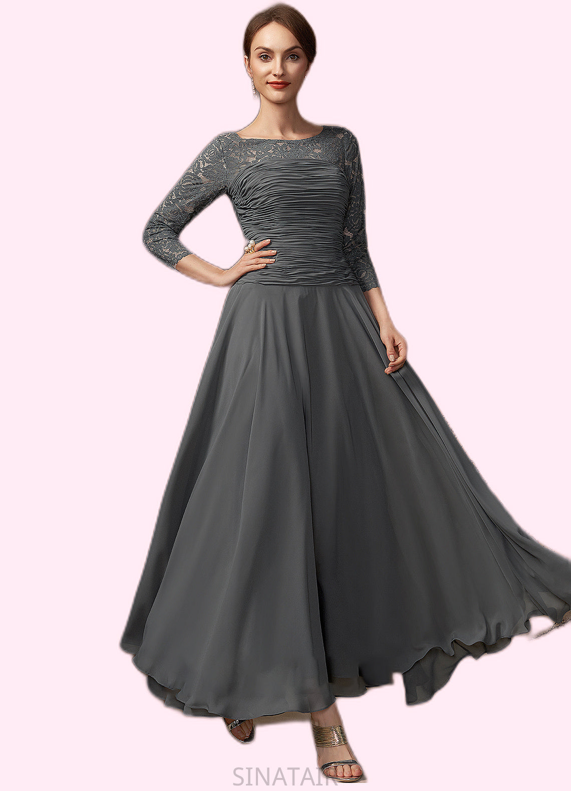 Salome A-Line Scoop Neck Ankle-Length Chiffon Lace Mother of the Bride Dress With Ruffle DH126P0014990