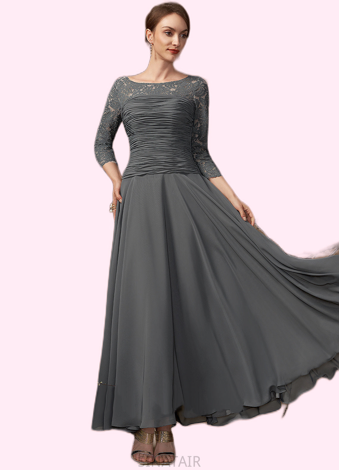 Salome A-Line Scoop Neck Ankle-Length Chiffon Lace Mother of the Bride Dress With Ruffle DH126P0014990