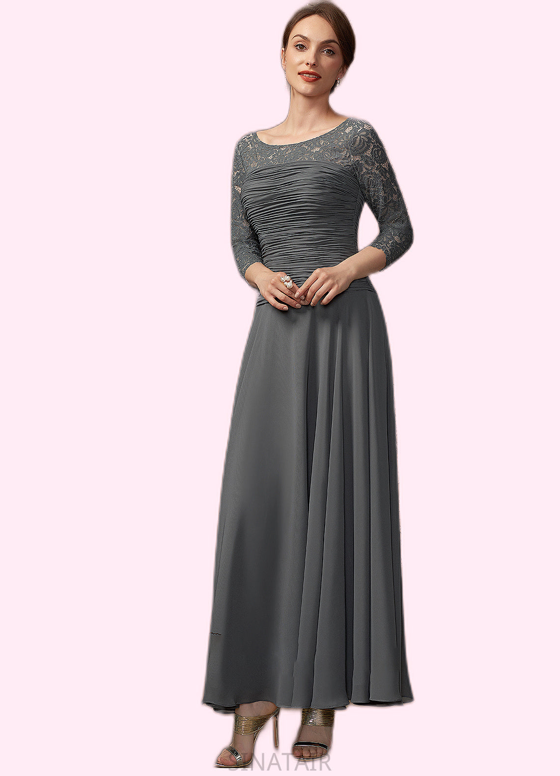 Salome A-Line Scoop Neck Ankle-Length Chiffon Lace Mother of the Bride Dress With Ruffle DH126P0014990