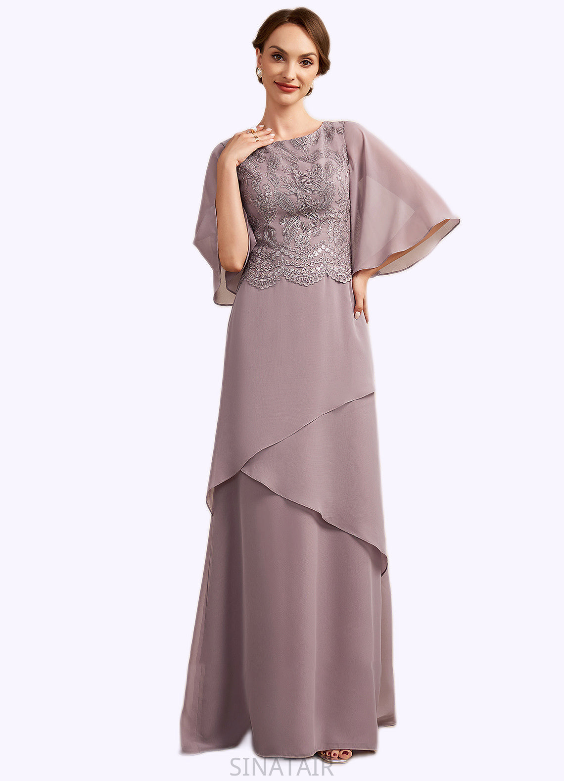 Kinsley A-Line Scoop Neck Floor-Length Chiffon Lace Mother of the Bride Dress With Sequins Cascading Ruffles DH126P0014991