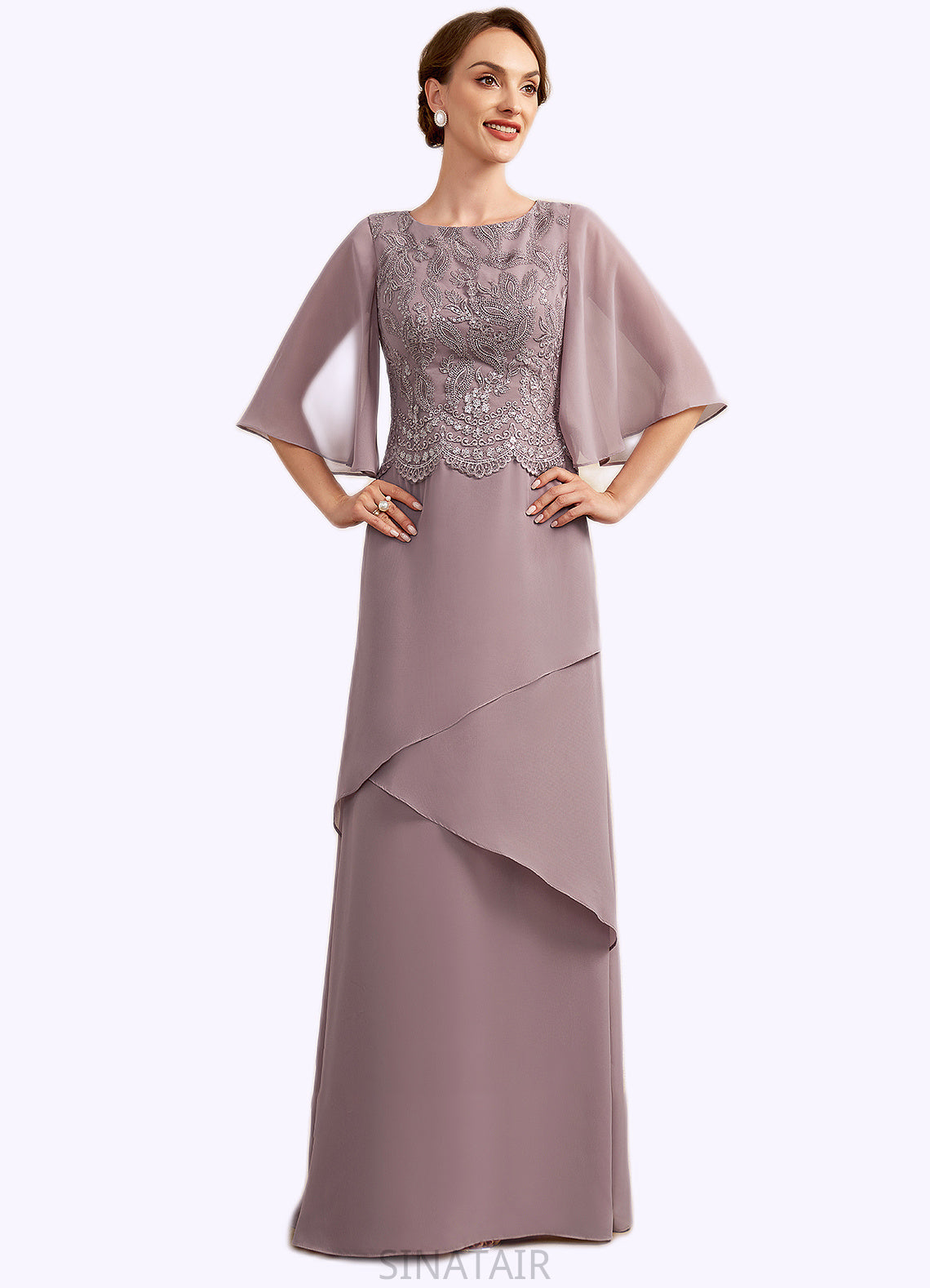 Kinsley A-Line Scoop Neck Floor-Length Chiffon Lace Mother of the Bride Dress With Sequins Cascading Ruffles DH126P0014991