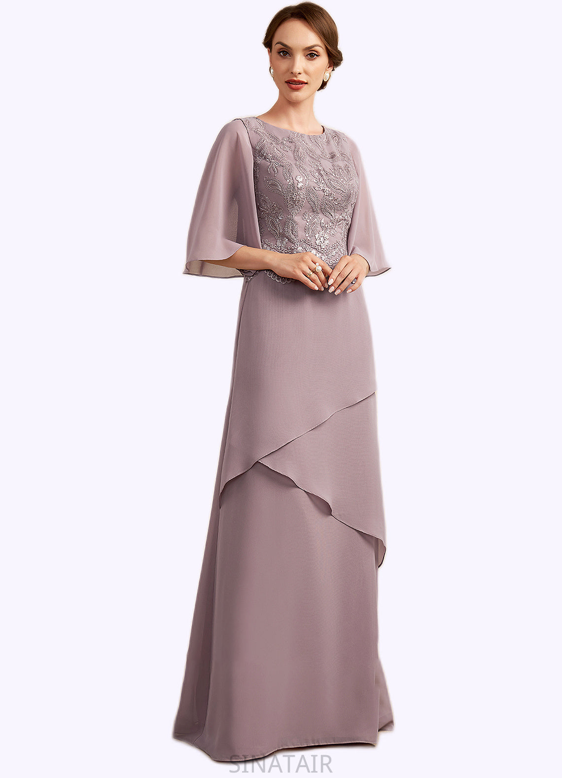 Kinsley A-Line Scoop Neck Floor-Length Chiffon Lace Mother of the Bride Dress With Sequins Cascading Ruffles DH126P0014991