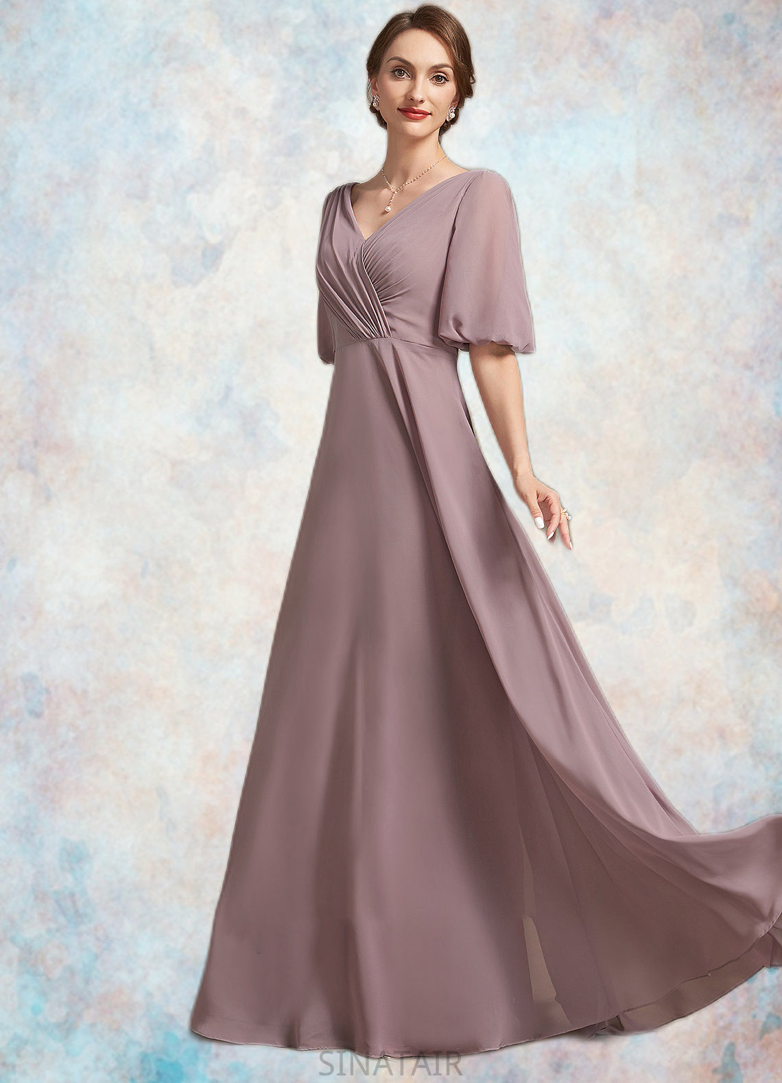 Gretchen A-Line V-neck Floor-Length Chiffon Mother of the Bride Dress With Ruffle DH126P0014992