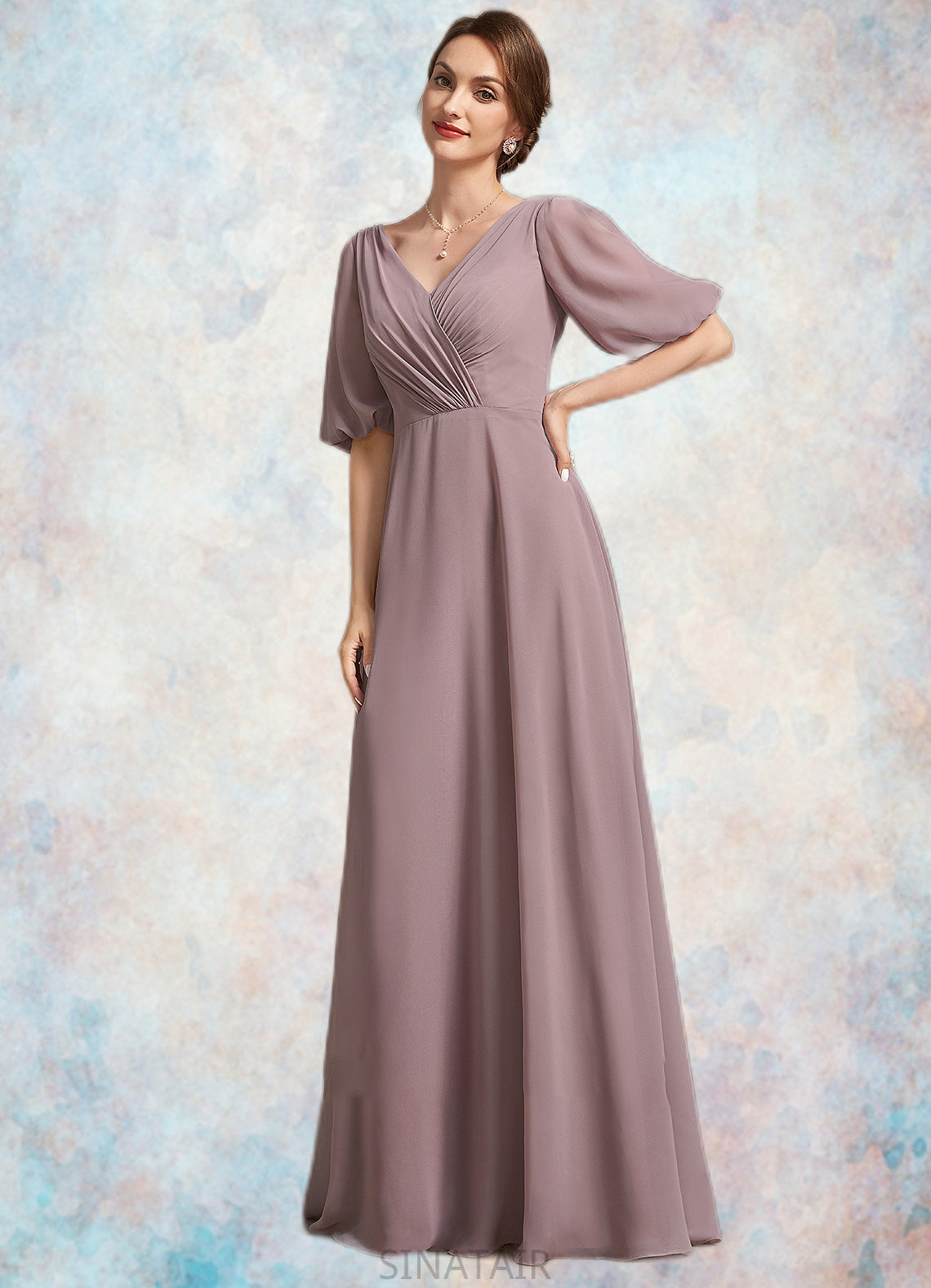 Gretchen A-Line V-neck Floor-Length Chiffon Mother of the Bride Dress With Ruffle DH126P0014992