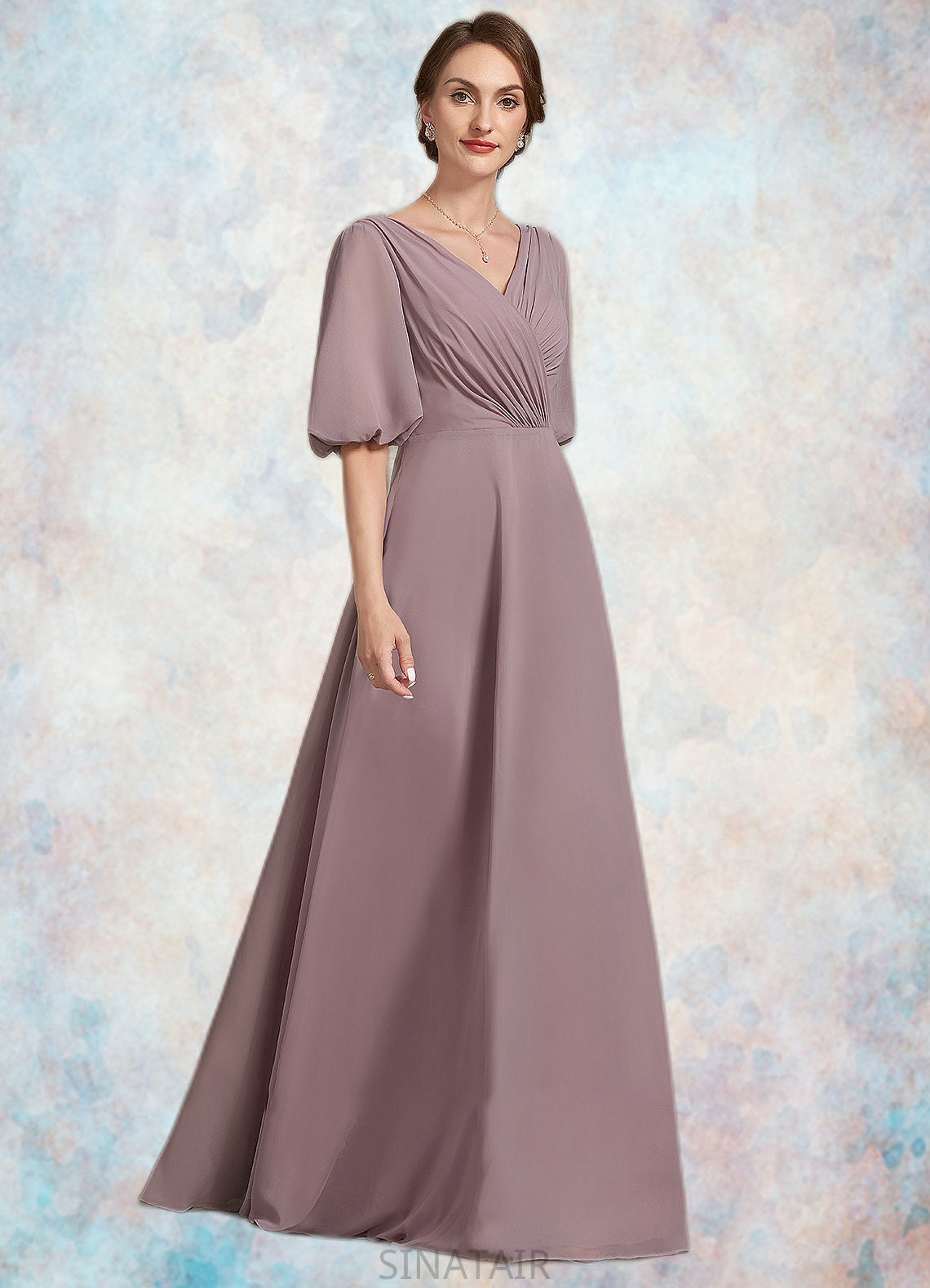 Gretchen A-Line V-neck Floor-Length Chiffon Mother of the Bride Dress With Ruffle DH126P0014992