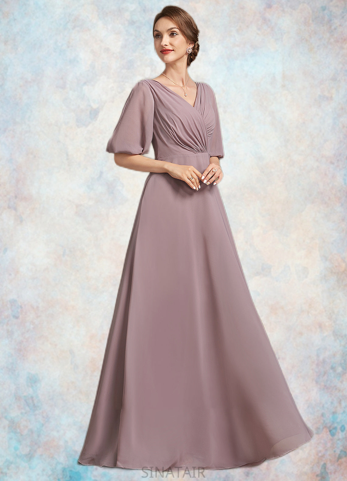 Gretchen A-Line V-neck Floor-Length Chiffon Mother of the Bride Dress With Ruffle DH126P0014992