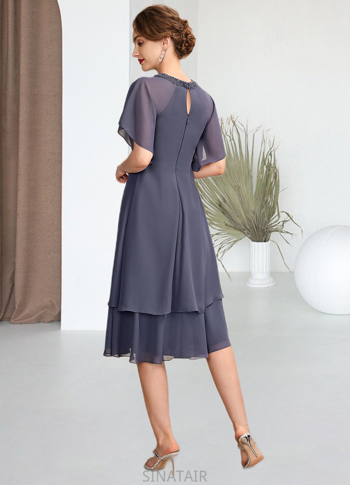 Pauline A-Line Scoop Neck Knee-Length Chiffon Mother of the Bride Dress With Beading Sequins Cascading Ruffles DH126P0014993