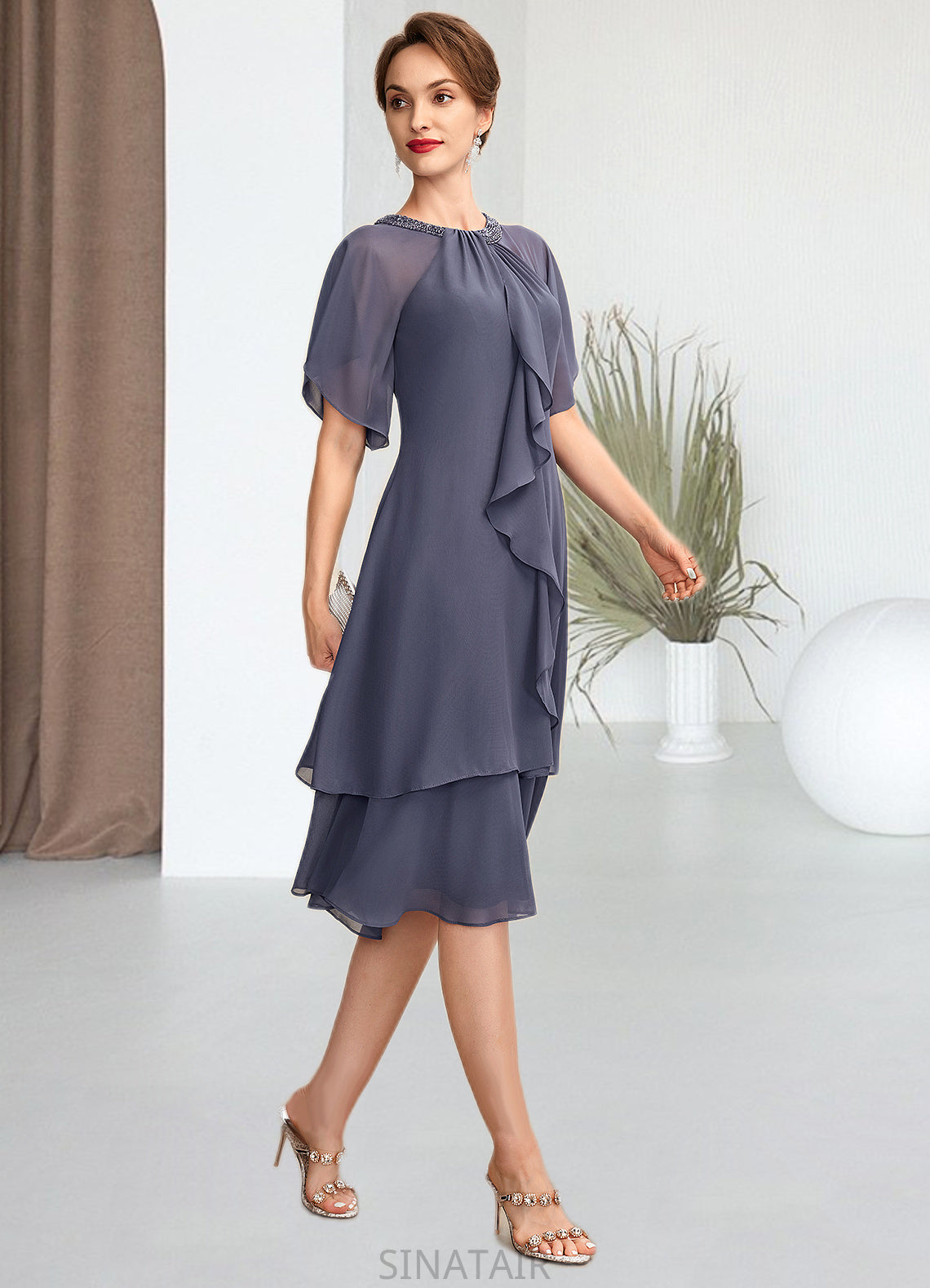 Pauline A-Line Scoop Neck Knee-Length Chiffon Mother of the Bride Dress With Beading Sequins Cascading Ruffles DH126P0014993