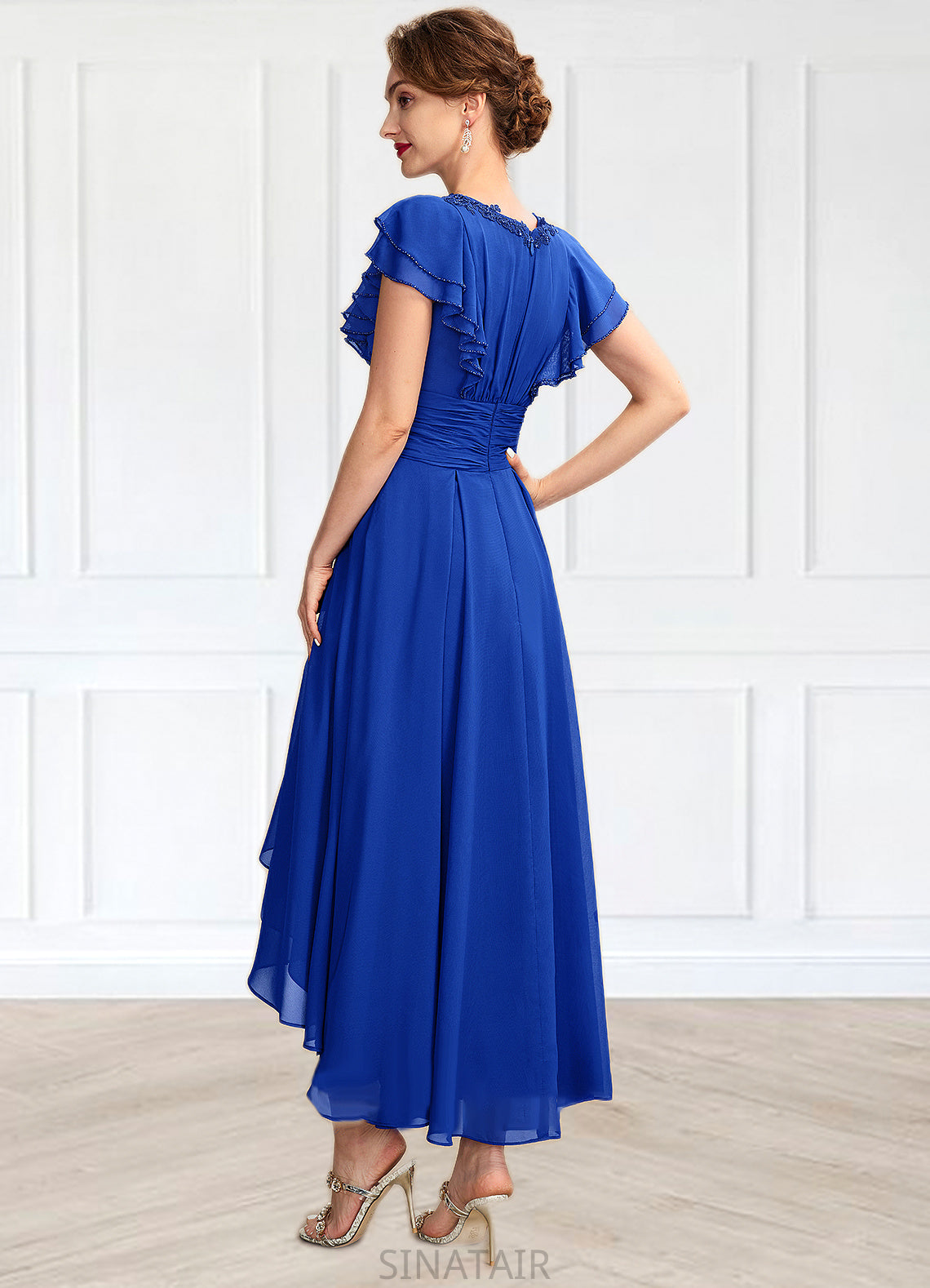 Kendra A-Line V-neck Asymmetrical Chiffon Mother of the Bride Dress With Beading Appliques Lace Sequins Cascading Ruffles DH126P0014994