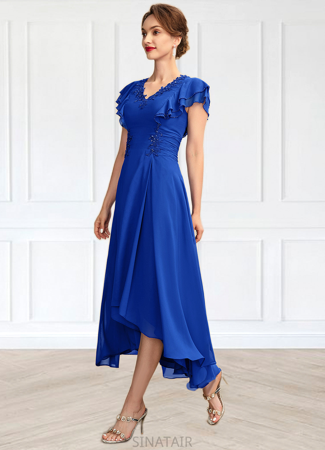 Kendra A-Line V-neck Asymmetrical Chiffon Mother of the Bride Dress With Beading Appliques Lace Sequins Cascading Ruffles DH126P0014994