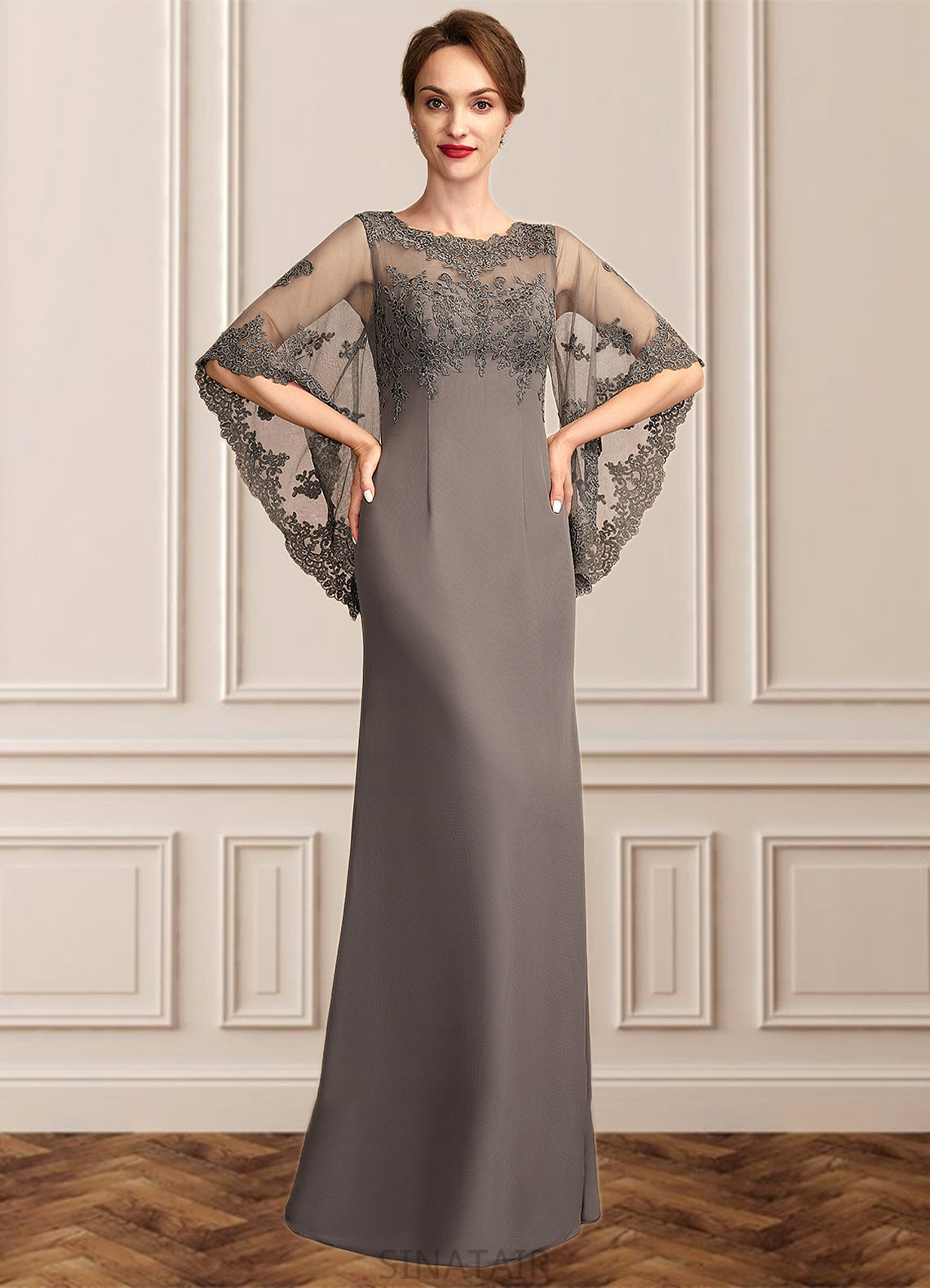 Shaniya Sheath/Column Scoop Neck Floor-Length Chiffon Lace Mother of the Bride Dress DH126P0014996