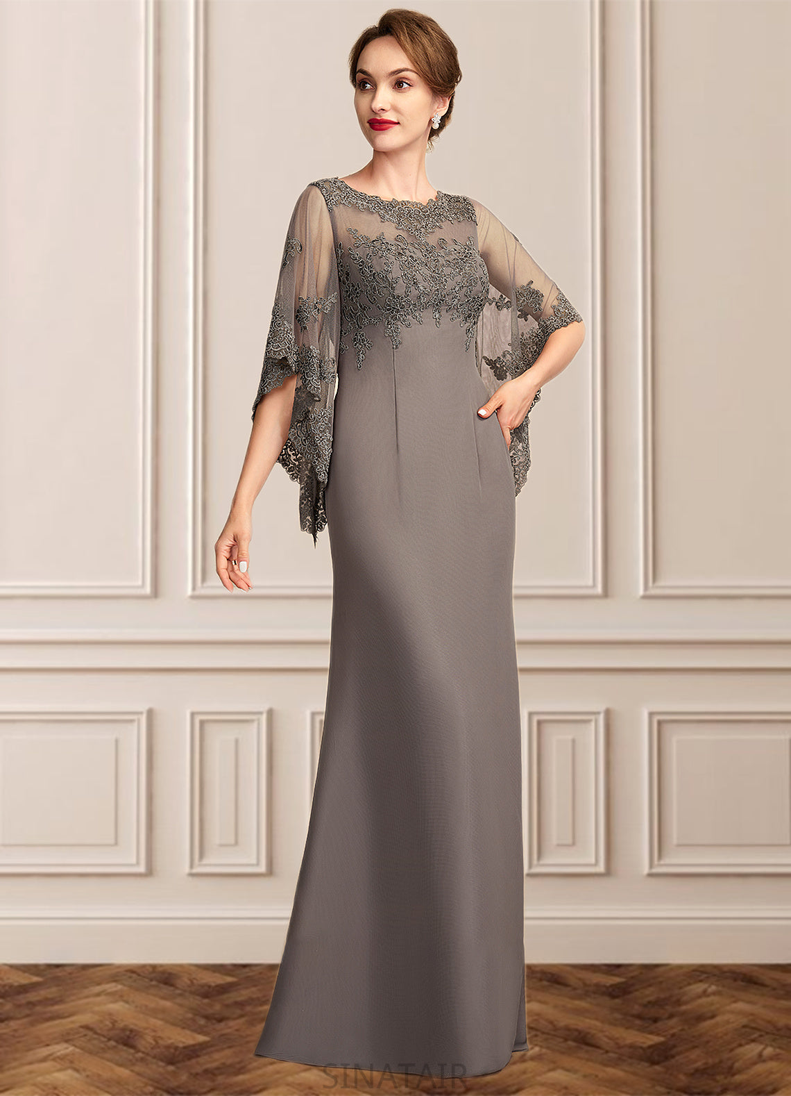 Shaniya Sheath/Column Scoop Neck Floor-Length Chiffon Lace Mother of the Bride Dress DH126P0014996