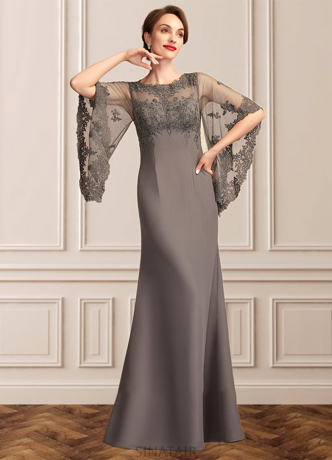 Shaniya Sheath/Column Scoop Neck Floor-Length Chiffon Lace Mother of the Bride Dress DH126P0014996