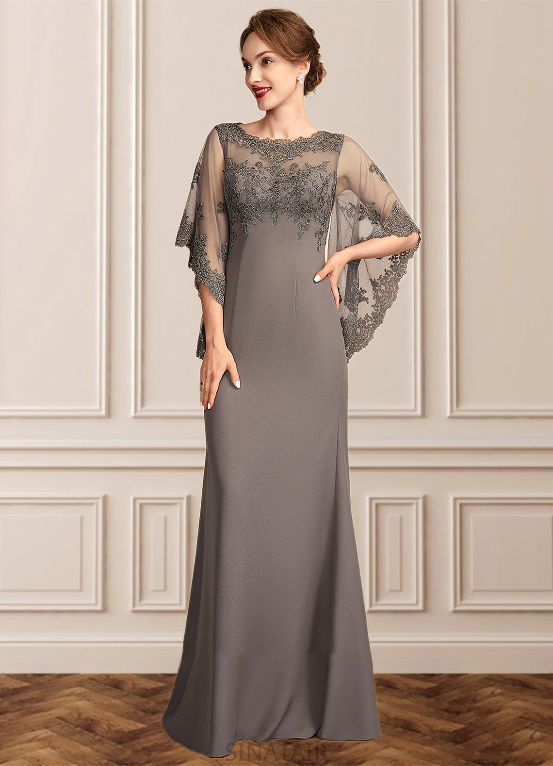 Shaniya Sheath/Column Scoop Neck Floor-Length Chiffon Lace Mother of the Bride Dress DH126P0014996