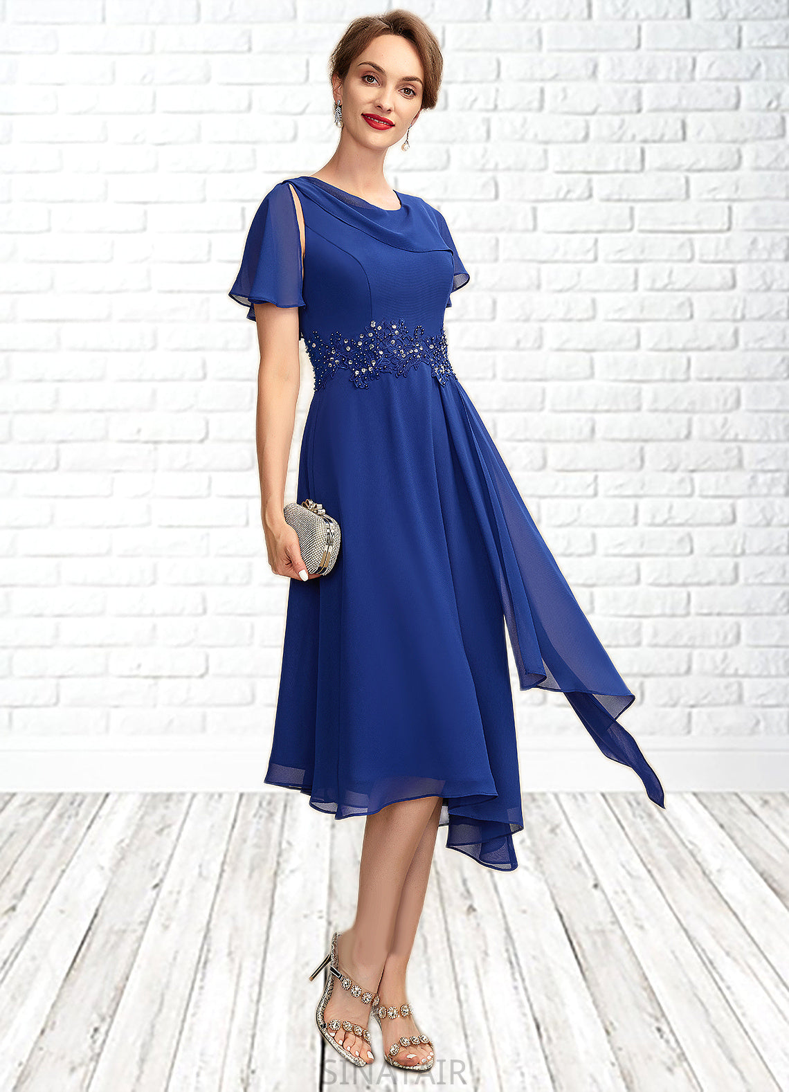 Yasmin A-Line Scoop Neck Asymmetrical Chiffon Mother of the Bride Dress With Beading Appliques Lace Cascading Ruffles DH126P0014998