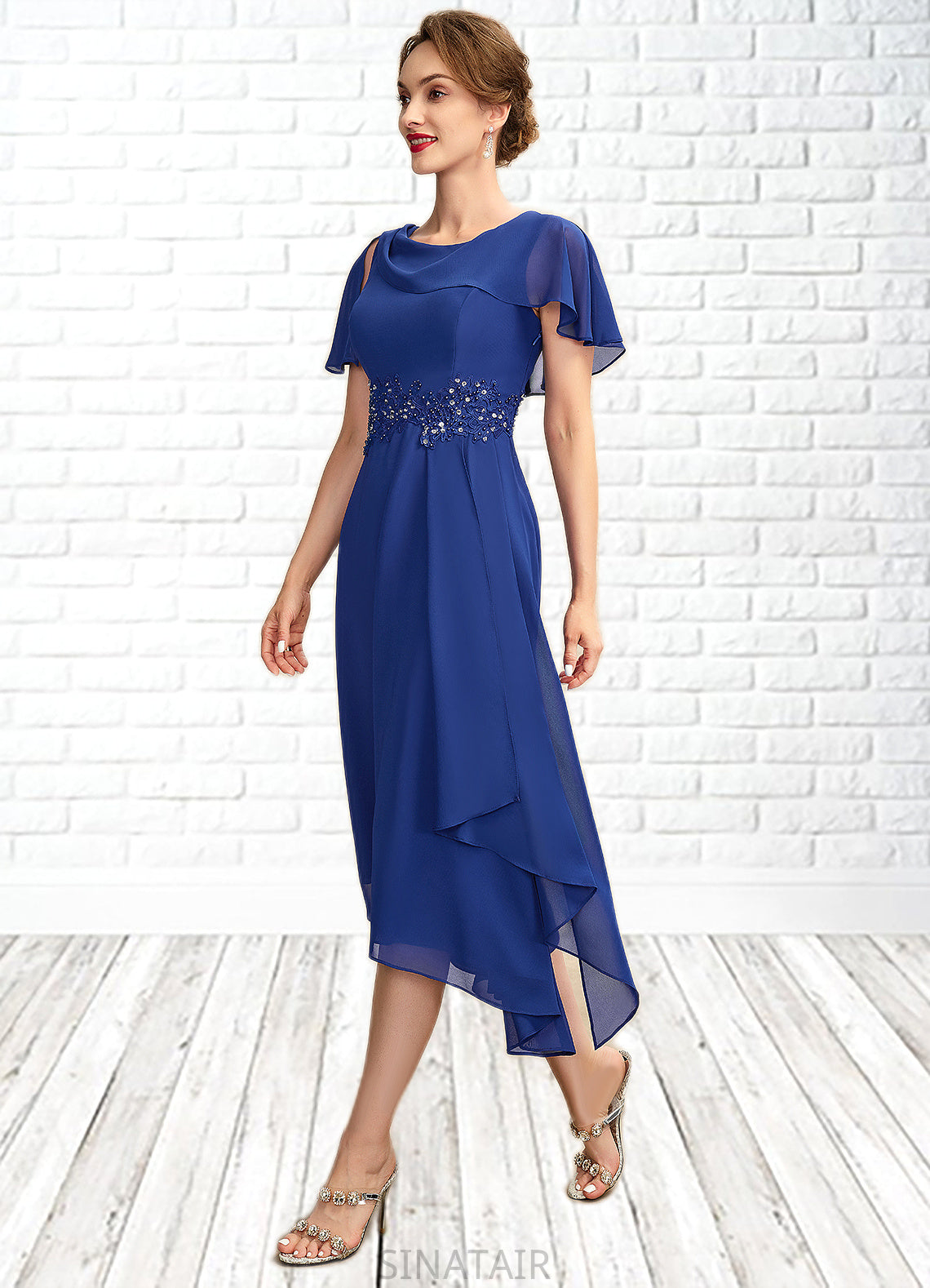 Yasmin A-Line Scoop Neck Asymmetrical Chiffon Mother of the Bride Dress With Beading Appliques Lace Cascading Ruffles DH126P0014998