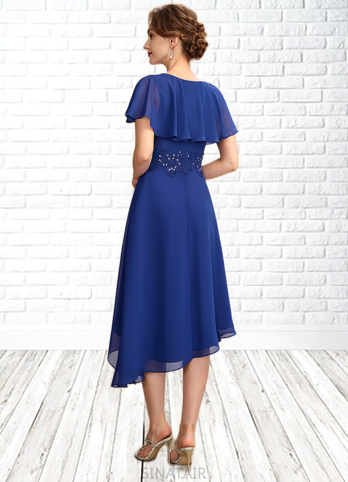 Yasmin A-Line Scoop Neck Asymmetrical Chiffon Mother of the Bride Dress With Beading Appliques Lace Cascading Ruffles DH126P0014998