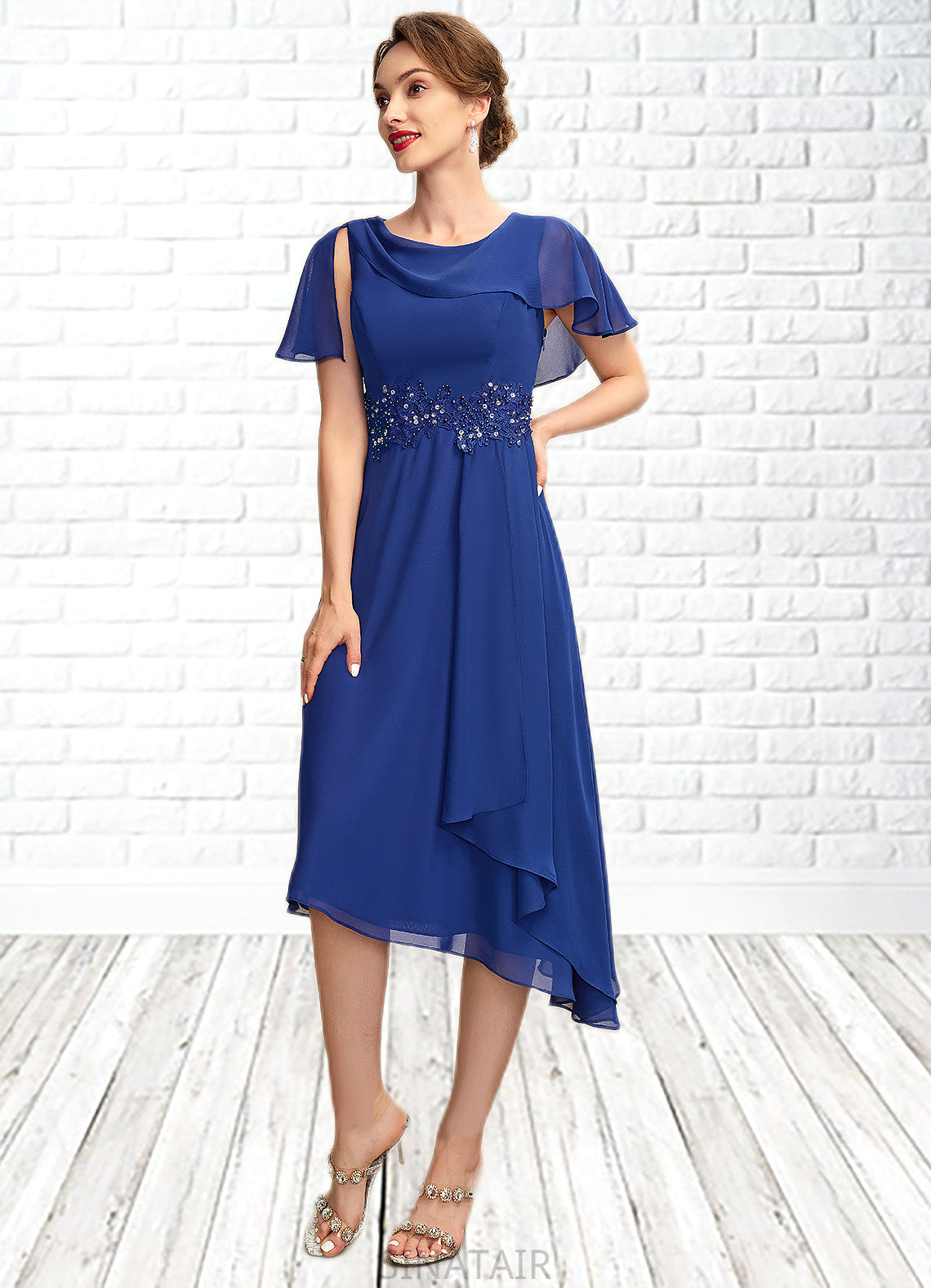 Yasmin A-Line Scoop Neck Asymmetrical Chiffon Mother of the Bride Dress With Beading Appliques Lace Cascading Ruffles DH126P0014998