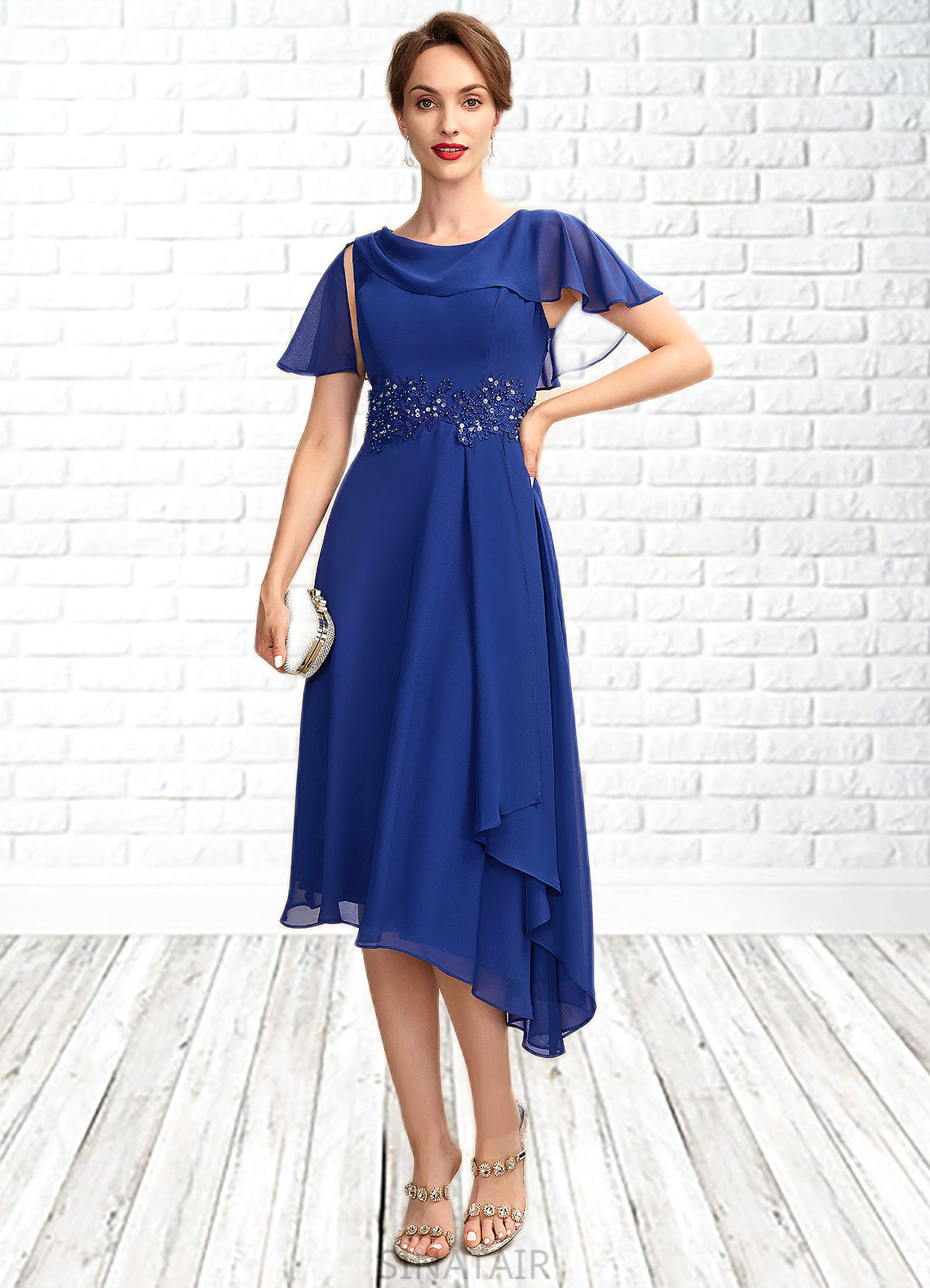 Yasmin A-Line Scoop Neck Asymmetrical Chiffon Mother of the Bride Dress With Beading Appliques Lace Cascading Ruffles DH126P0014998