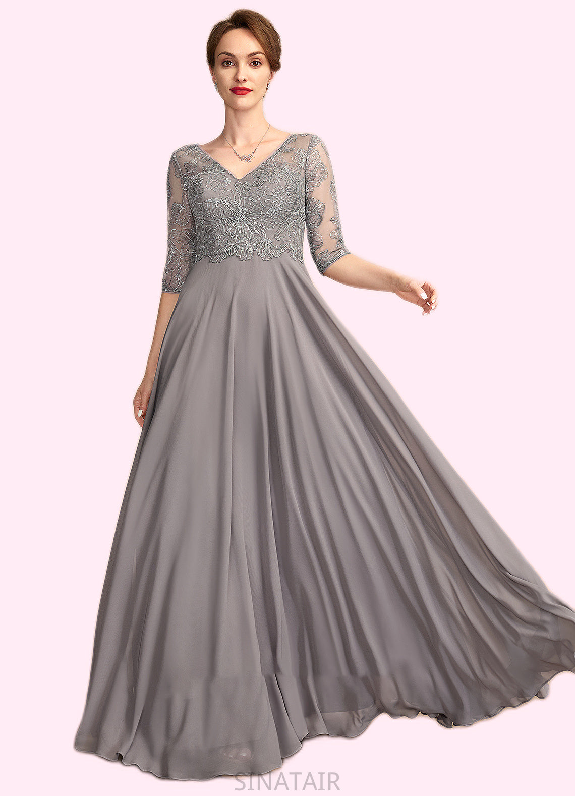 Danna A-Line V-neck Floor-Length Chiffon Lace Mother of the Bride Dress With Sequins DH126P0014999