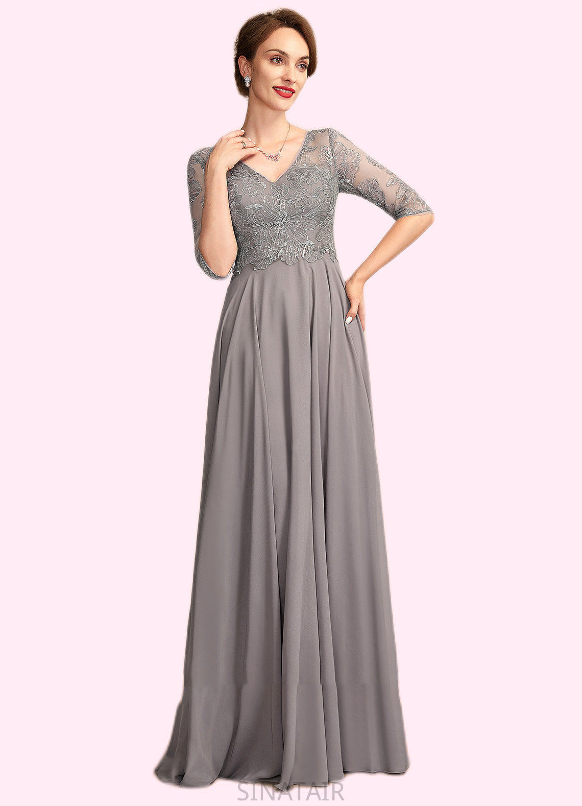 Danna A-Line V-neck Floor-Length Chiffon Lace Mother of the Bride Dress With Sequins DH126P0014999