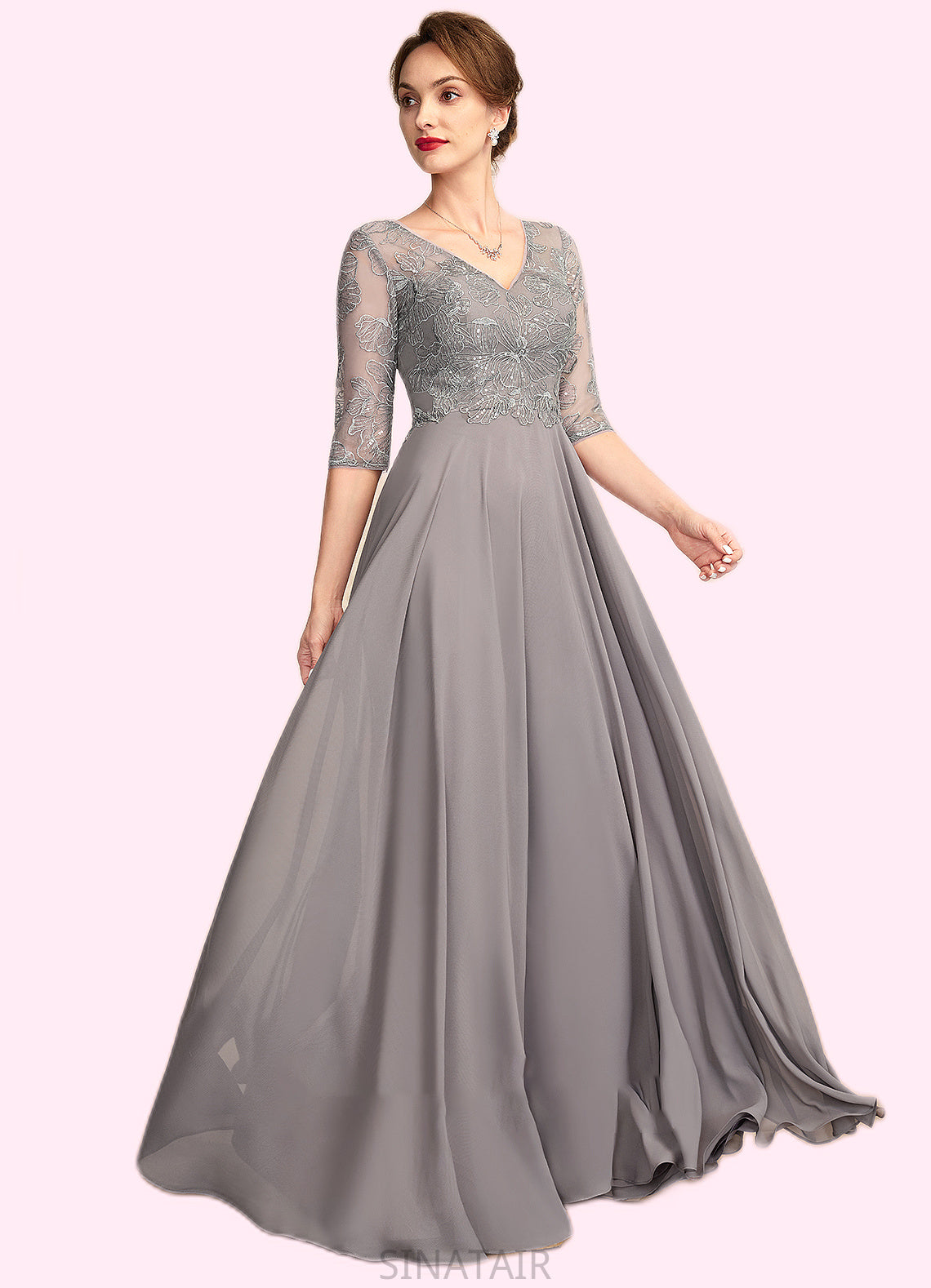 Danna A-Line V-neck Floor-Length Chiffon Lace Mother of the Bride Dress With Sequins DH126P0014999