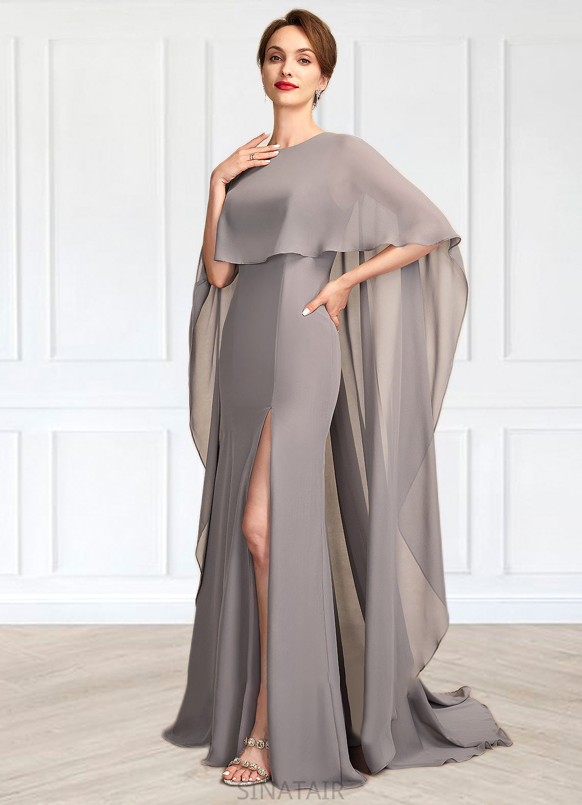 Aurora Sheath/Column Scoop Neck Sweep Train Chiffon Mother of the Bride Dress With Split Front DH126P0015000