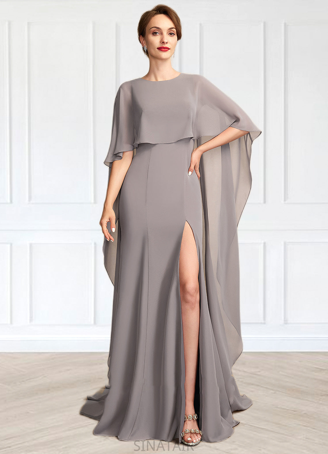 Aurora Sheath/Column Scoop Neck Sweep Train Chiffon Mother of the Bride Dress With Split Front DH126P0015000