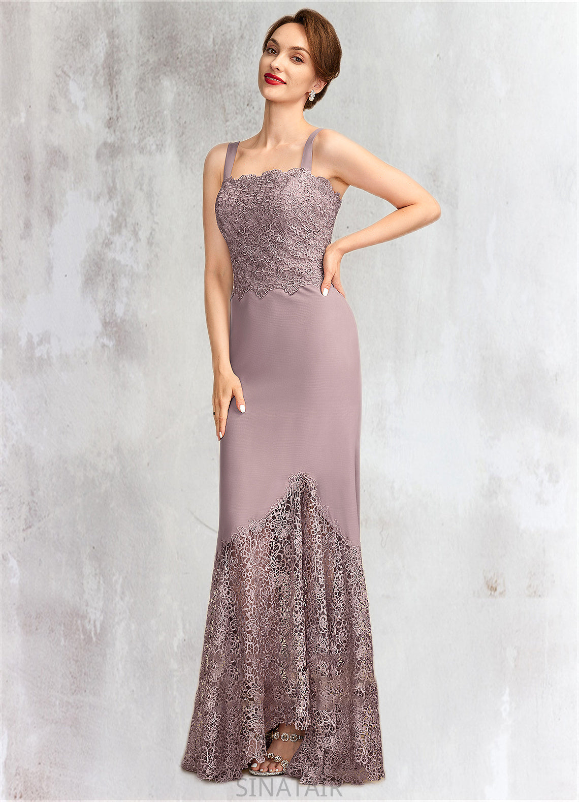 Alejandra Trumpet/Mermaid Square Neckline Asymmetrical Chiffon Lace Mother of the Bride Dress DH126P0015001