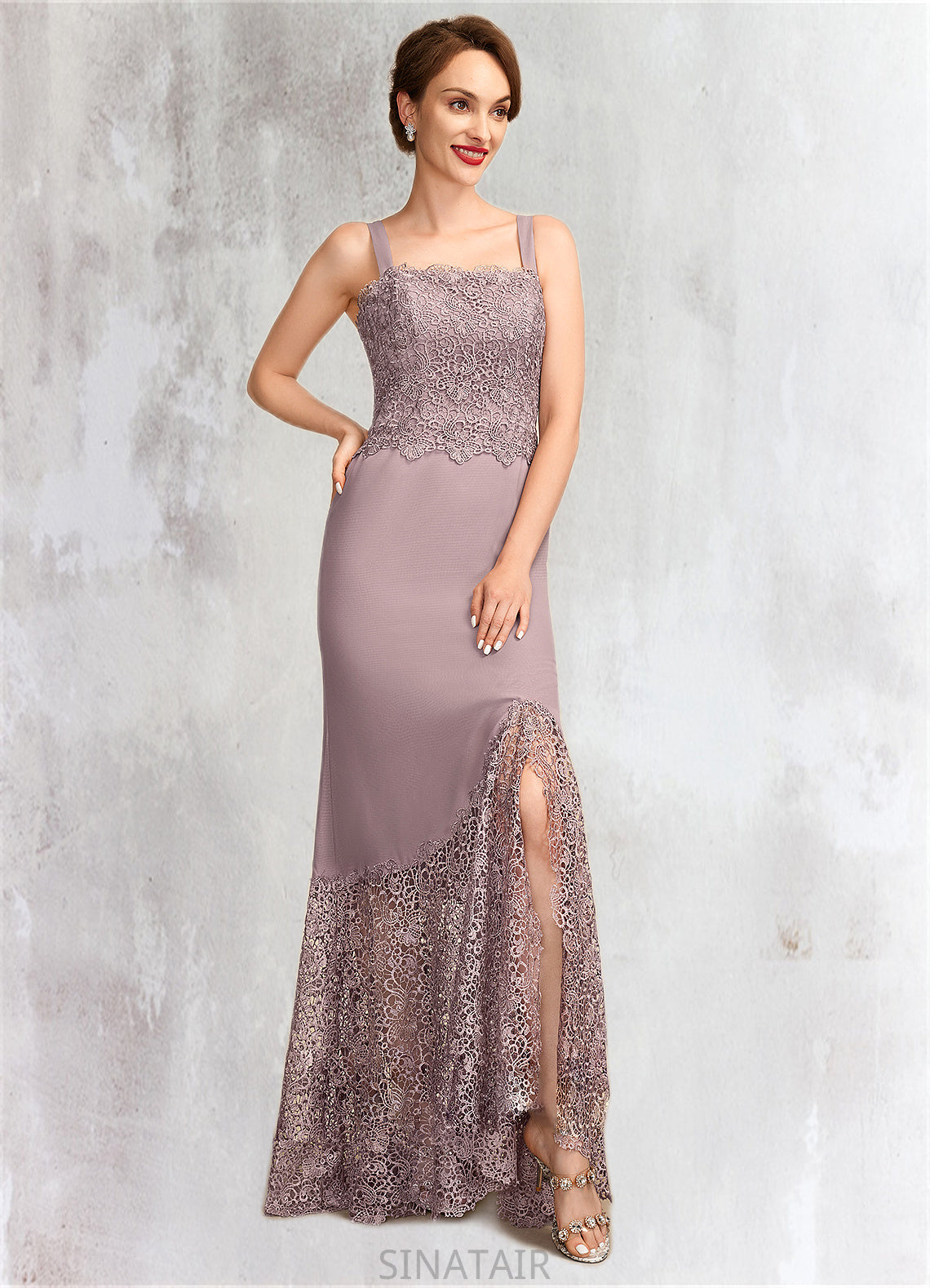 Alejandra Trumpet/Mermaid Square Neckline Asymmetrical Chiffon Lace Mother of the Bride Dress DH126P0015001