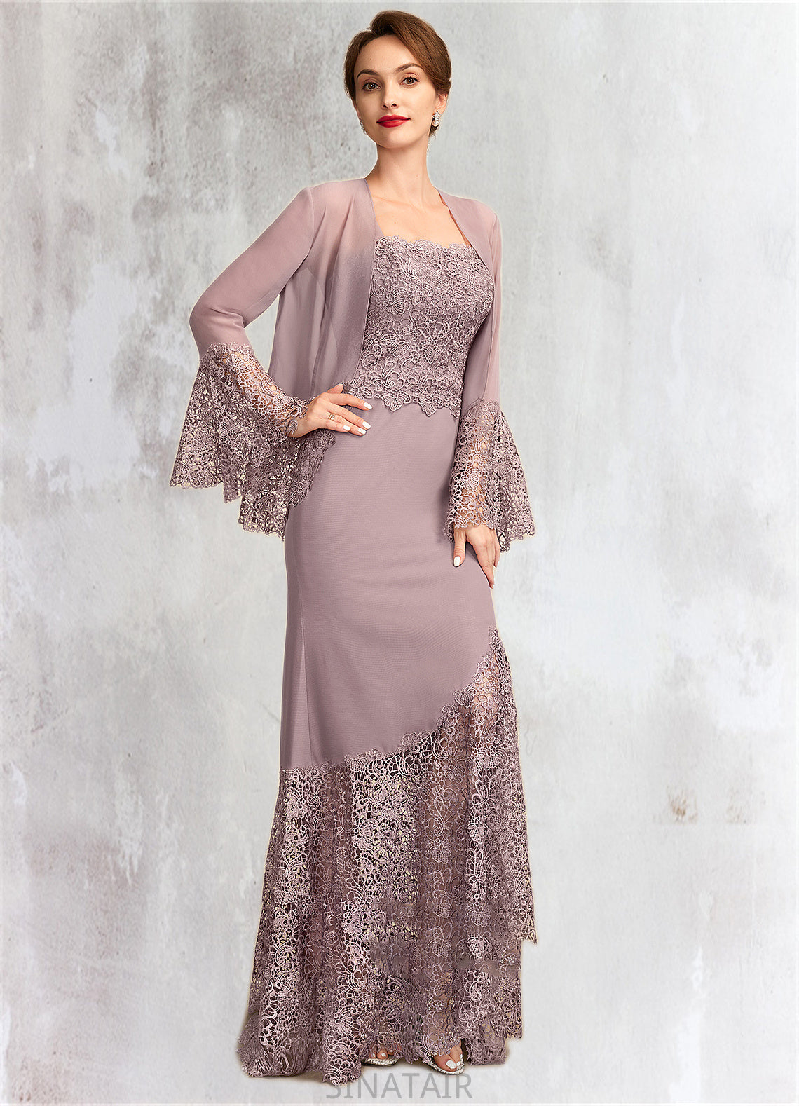 Alejandra Trumpet/Mermaid Square Neckline Asymmetrical Chiffon Lace Mother of the Bride Dress DH126P0015001