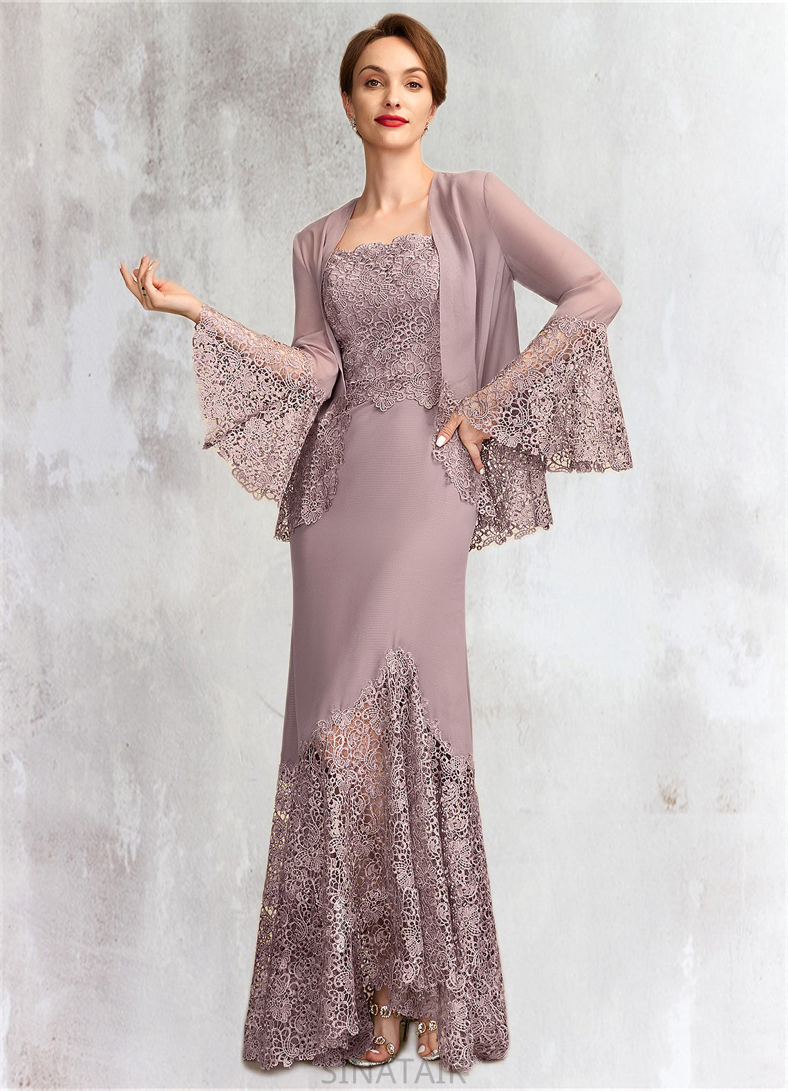 Alejandra Trumpet/Mermaid Square Neckline Asymmetrical Chiffon Lace Mother of the Bride Dress DH126P0015001