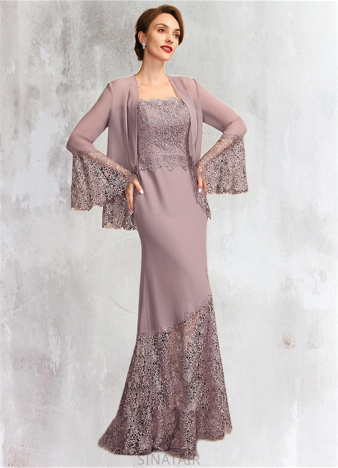 Alejandra Trumpet/Mermaid Square Neckline Asymmetrical Chiffon Lace Mother of the Bride Dress DH126P0015001