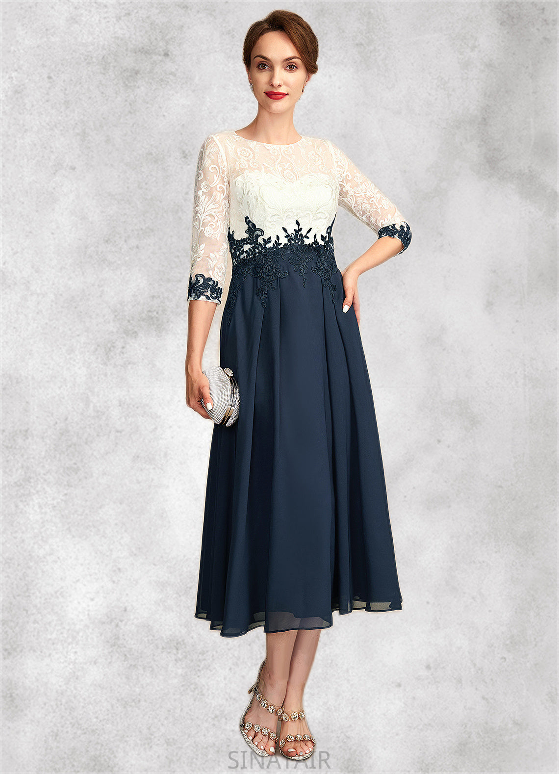 Stella A-Line Scoop Neck Tea-Length Chiffon Lace Mother of the Bride Dress DH126P0015002