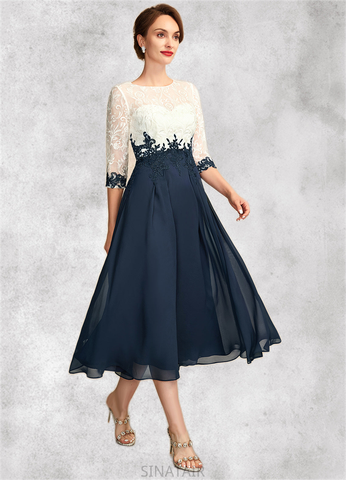 Stella A-Line Scoop Neck Tea-Length Chiffon Lace Mother of the Bride Dress DH126P0015002