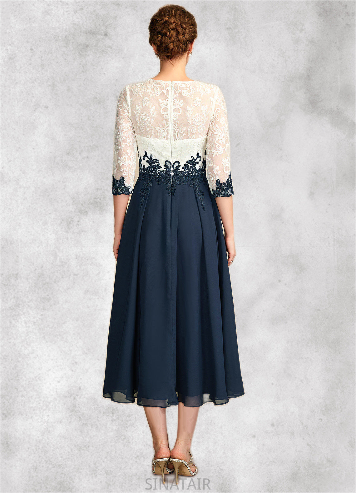 Stella A-Line Scoop Neck Tea-Length Chiffon Lace Mother of the Bride Dress DH126P0015002