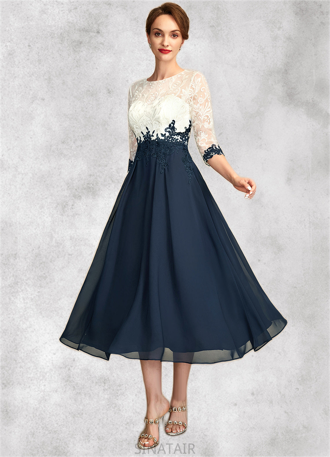 Stella A-Line Scoop Neck Tea-Length Chiffon Lace Mother of the Bride Dress DH126P0015002