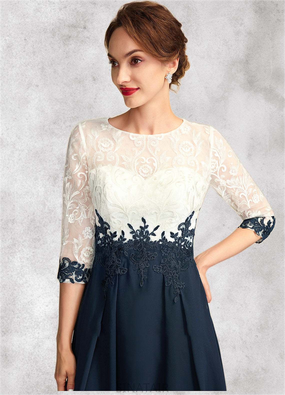 Stella A-Line Scoop Neck Tea-Length Chiffon Lace Mother of the Bride Dress DH126P0015002