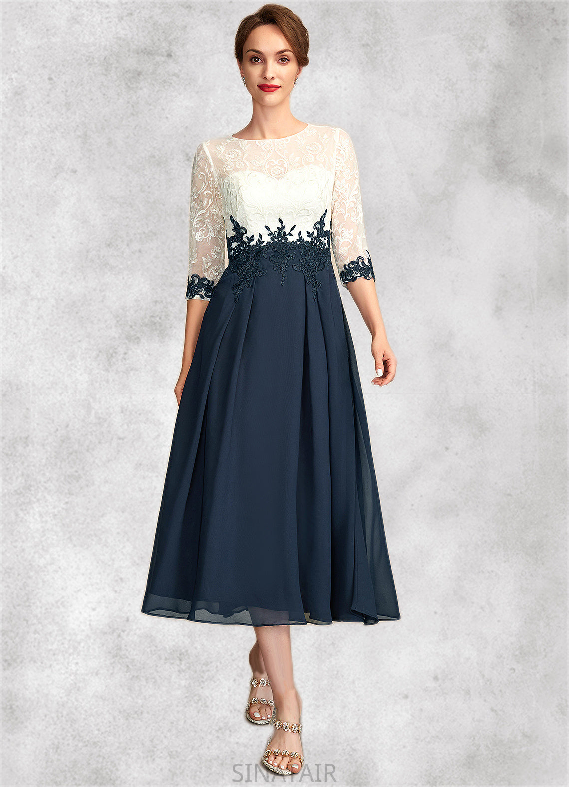 Stella A-Line Scoop Neck Tea-Length Chiffon Lace Mother of the Bride Dress DH126P0015002