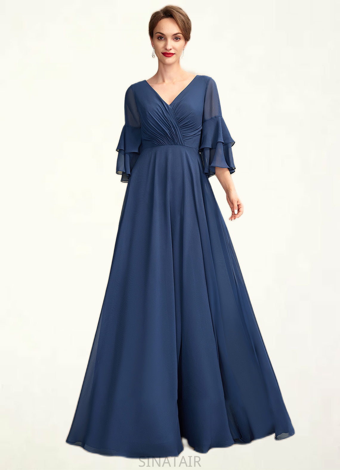 Denise A-Line V-neck Floor-Length Chiffon Mother of the Bride Dress With Cascading Ruffles DH126P0015003