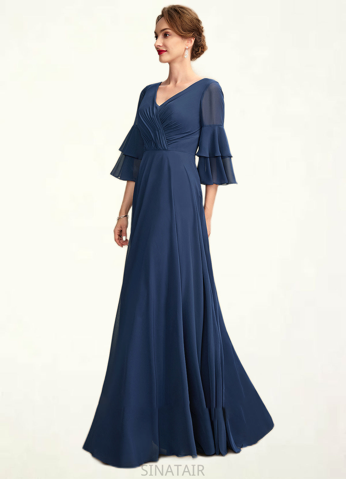 Denise A-Line V-neck Floor-Length Chiffon Mother of the Bride Dress With Cascading Ruffles DH126P0015003