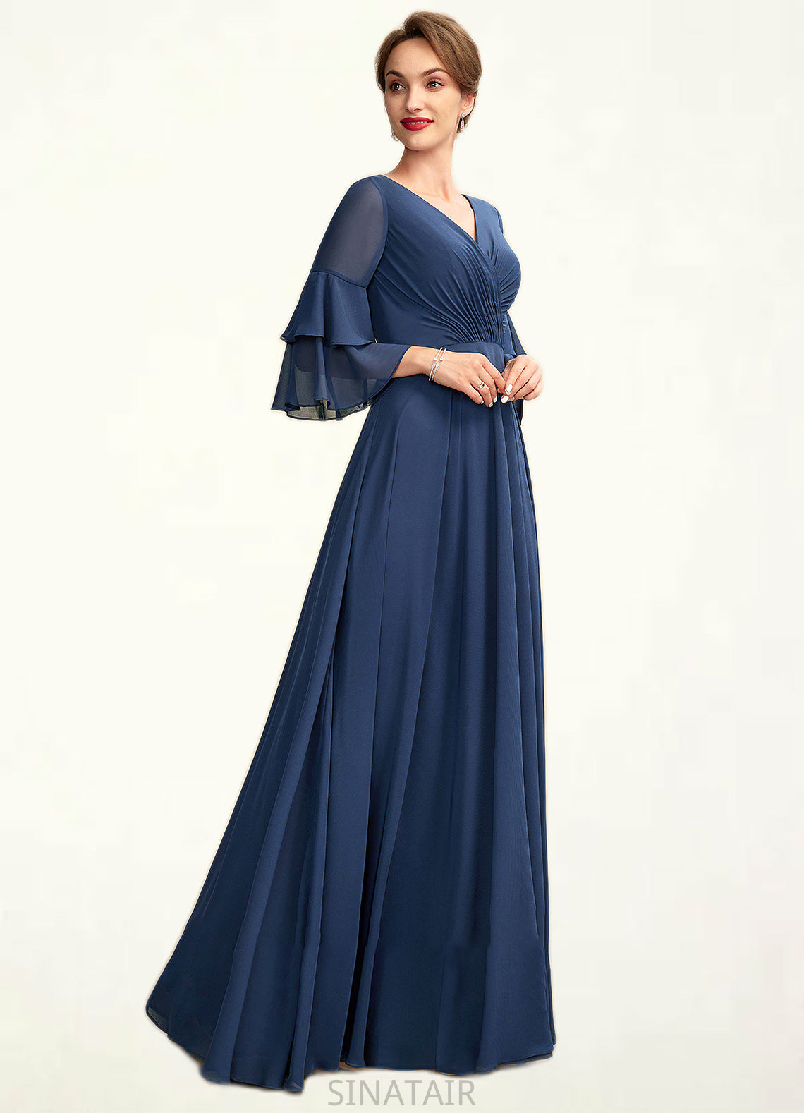 Denise A-Line V-neck Floor-Length Chiffon Mother of the Bride Dress With Cascading Ruffles DH126P0015003