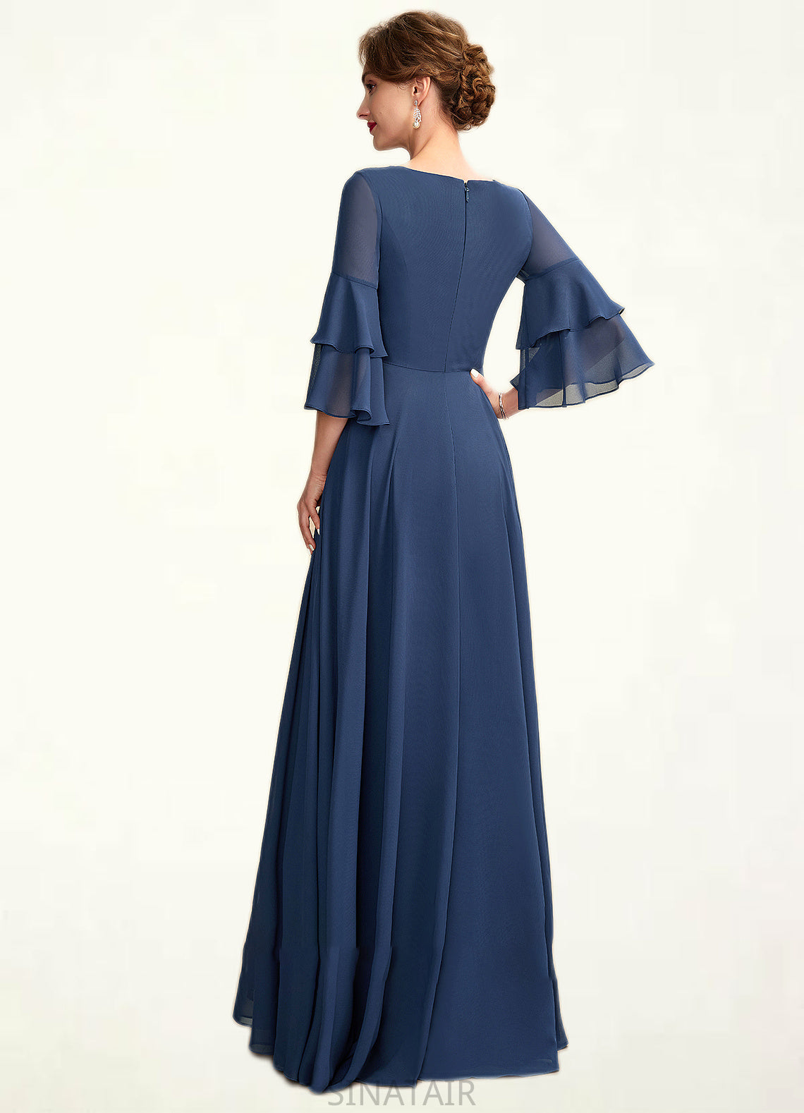 Denise A-Line V-neck Floor-Length Chiffon Mother of the Bride Dress With Cascading Ruffles DH126P0015003