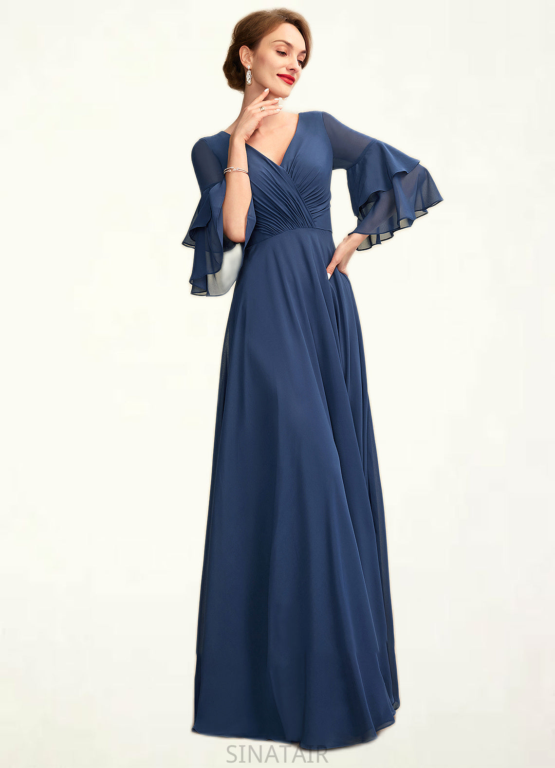 Denise A-Line V-neck Floor-Length Chiffon Mother of the Bride Dress With Cascading Ruffles DH126P0015003