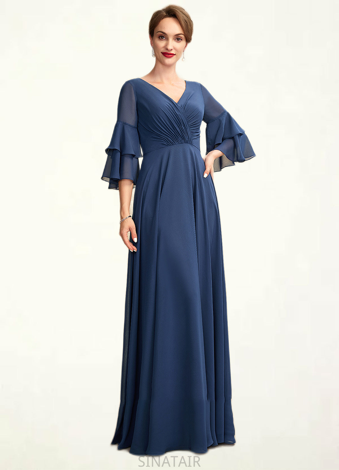 Denise A-Line V-neck Floor-Length Chiffon Mother of the Bride Dress With Cascading Ruffles DH126P0015003