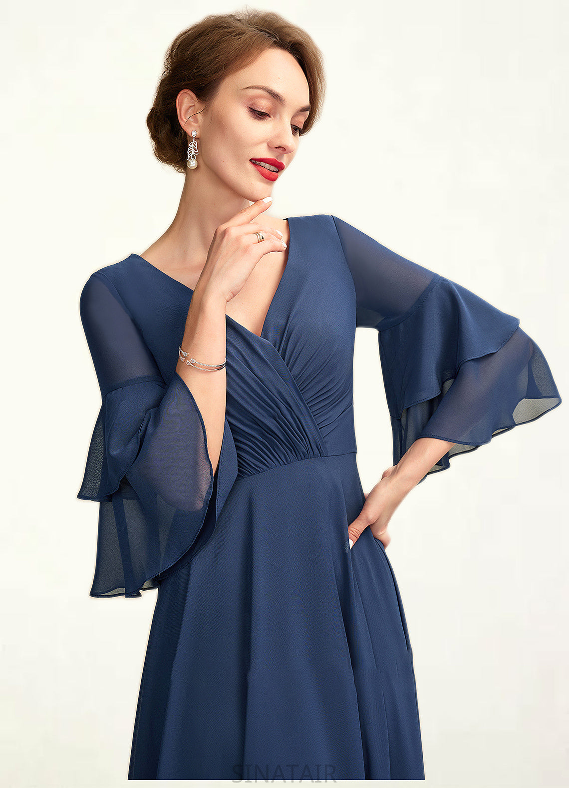 Denise A-Line V-neck Floor-Length Chiffon Mother of the Bride Dress With Cascading Ruffles DH126P0015003