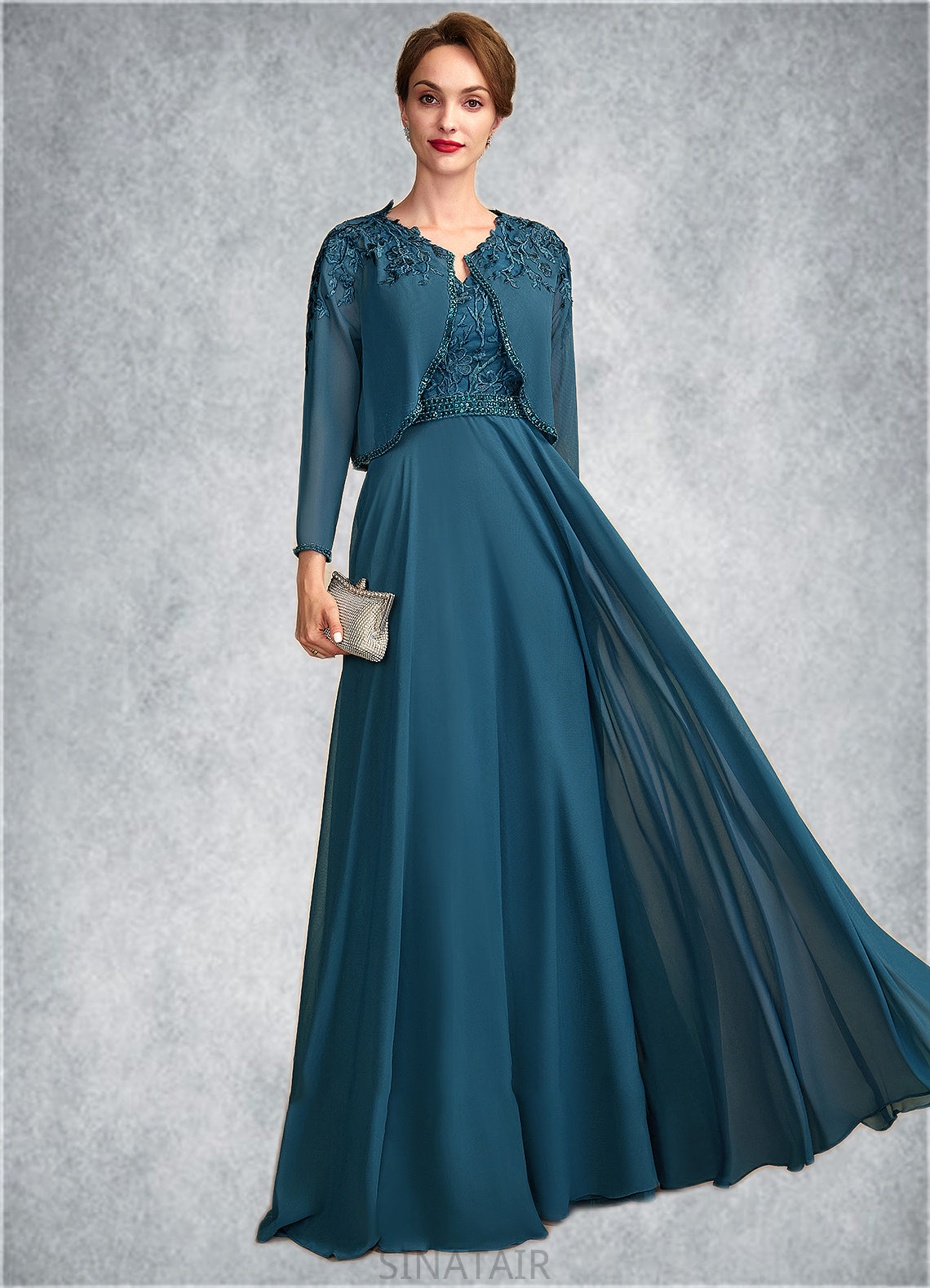 Averi A-Line V-neck Floor-Length Chiffon Lace Mother of the Bride Dress With Beading Sequins DH126P0015004