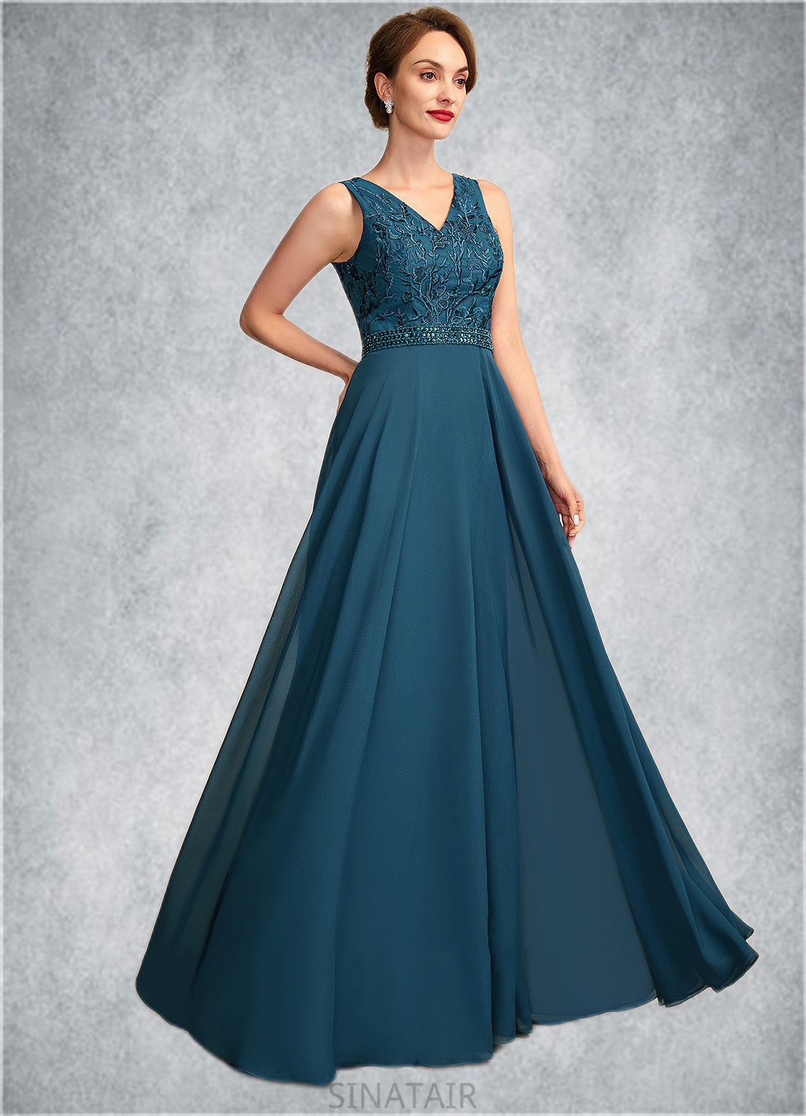 Averi A-Line V-neck Floor-Length Chiffon Lace Mother of the Bride Dress With Beading Sequins DH126P0015004