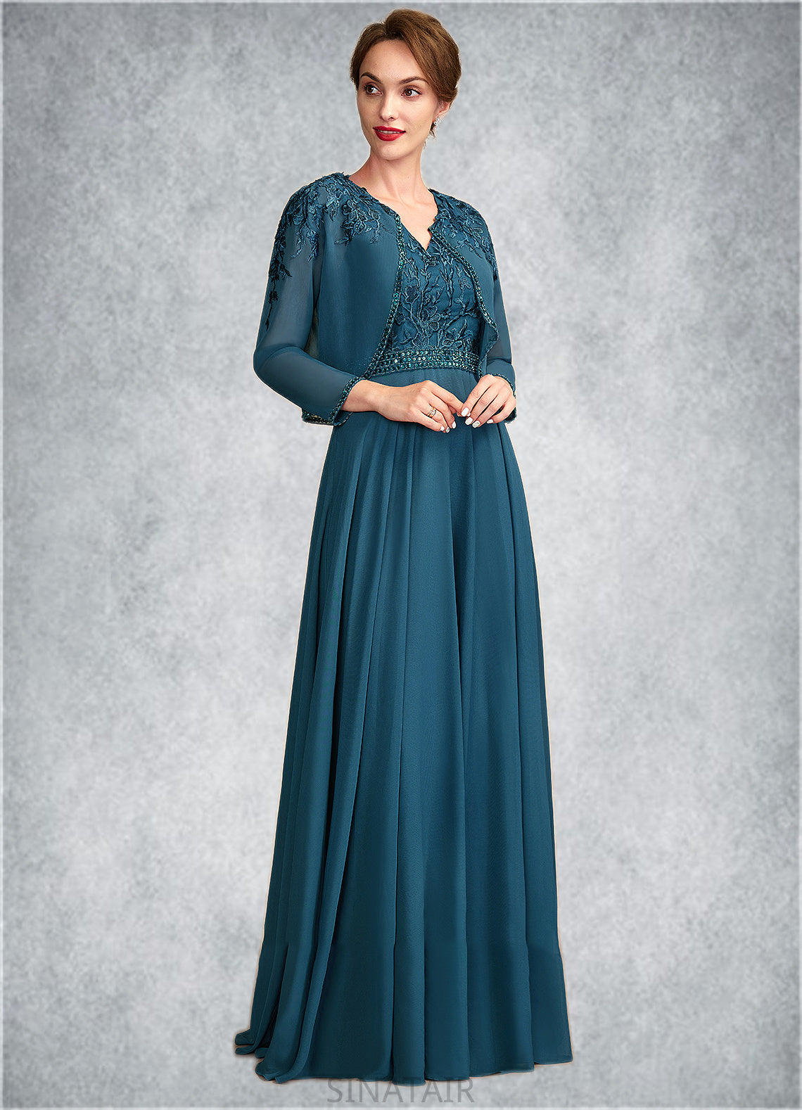 Averi A-Line V-neck Floor-Length Chiffon Lace Mother of the Bride Dress With Beading Sequins DH126P0015004